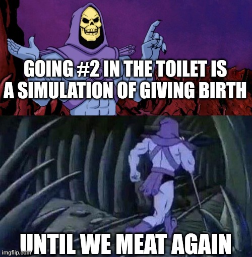 All this time? | GOING #2 IN THE TOILET IS A SIMULATION OF GIVING BIRTH; UNTIL WE MEAT AGAIN | image tagged in he man skeleton advices | made w/ Imgflip meme maker