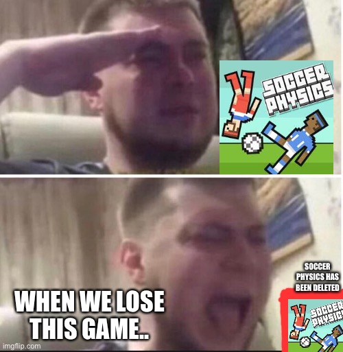 Sad.. | SOCCER PHYSICS HAS BEEN DELETED; WHEN WE LOSE THIS GAME.. | image tagged in crying salute | made w/ Imgflip meme maker