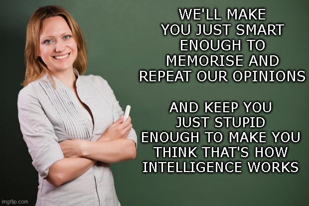 Teacher Meme | WE'LL MAKE YOU JUST SMART ENOUGH TO MEMORISE AND REPEAT OUR OPINIONS; AND KEEP YOU JUST STUPID ENOUGH TO MAKE YOU THINK THAT'S HOW INTELLIGENCE WORKS | image tagged in teacher meme | made w/ Imgflip meme maker
