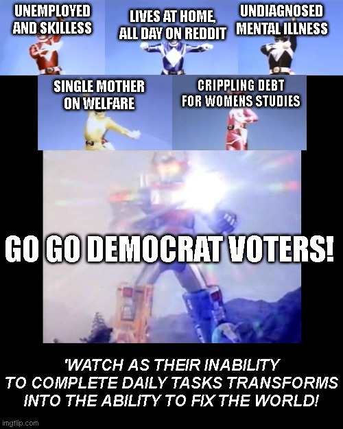 Megazord Transformation | LIVES AT HOME, ALL DAY ON REDDIT; UNDIAGNOSED MENTAL ILLNESS; UNEMPLOYED AND SKILLESS; CRIPPLING DEBT FOR WOMENS STUDIES; SINGLE MOTHER ON WELFARE; GO GO DEMOCRAT VOTERS! 'WATCH AS THEIR INABILITY TO COMPLETE DAILY TASKS TRANSFORMS INTO THE ABILITY TO FIX THE WORLD! | image tagged in megazord transformation | made w/ Imgflip meme maker