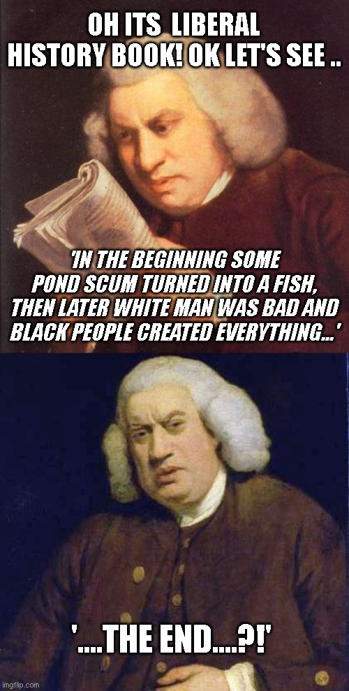 Dafuq did I just read | OH ITS  LIBERAL HISTORY BOOK! OK LET'S SEE .. 'IN THE BEGINNING SOME POND SCUM TURNED INTO A FISH, THEN LATER WHITE MAN WAS BAD AND BLACK PEOPLE CREATED EVERYTHING...'; '....THE END....?!' | image tagged in dafuq did i just read | made w/ Imgflip meme maker