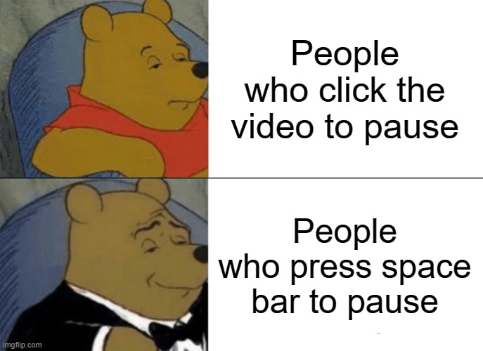 Its very useful | People who click the video to pause; People who press space bar to pause | image tagged in memes,tuxedo winnie the pooh,pausing the video,space bar,meme,funny | made w/ Imgflip meme maker