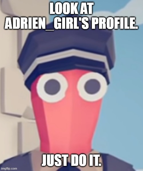 TABS Stare | LOOK AT ADRIEN_GIRL'S PROFILE. JUST DO IT. | image tagged in tabs stare | made w/ Imgflip meme maker