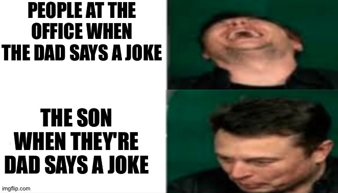 the dad at the office vs the dad at the house telling a joke | PEOPLE AT THE OFFICE WHEN THE DAD SAYS A JOKE; THE SON WHEN THEY'RE DAD SAYS A JOKE | image tagged in elon musk serious and laughing,dad jokes,why,random tag | made w/ Imgflip meme maker