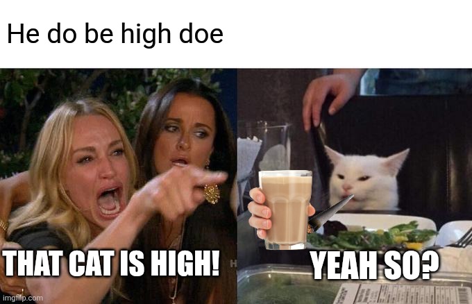 Woman Yelling At Cat Meme | He do be high doe THAT CAT IS HIGH! YEAH SO? | image tagged in memes,woman yelling at cat | made w/ Imgflip meme maker