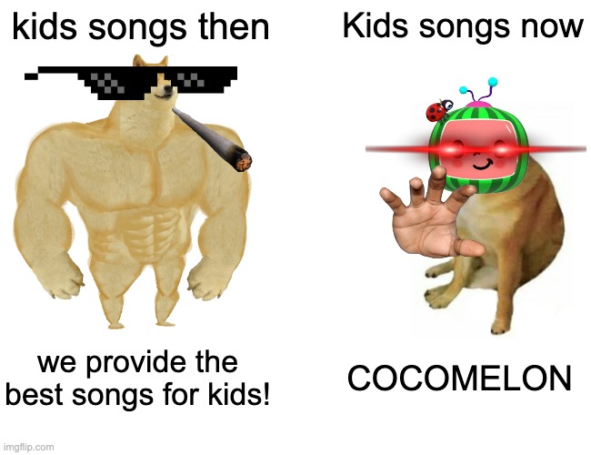 COCO-WAT? | kids songs then; Kids songs now; we provide the best songs for kids! COCOMELON | image tagged in memes,buff doge vs cheems,funny,funny memes | made w/ Imgflip meme maker
