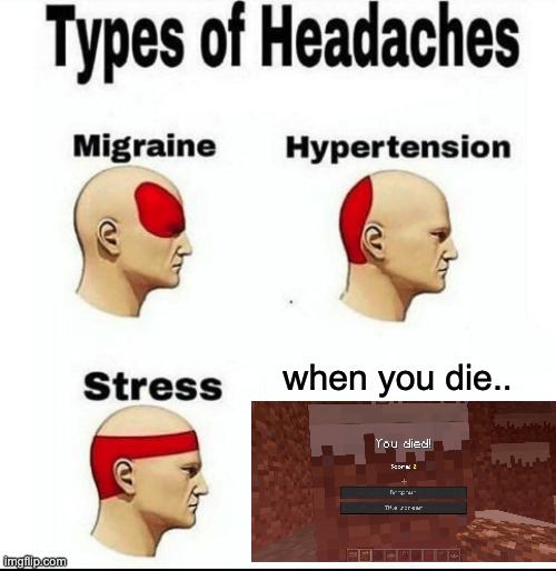 When you die in minecraft | when you die.. | image tagged in types of headaches meme | made w/ Imgflip meme maker