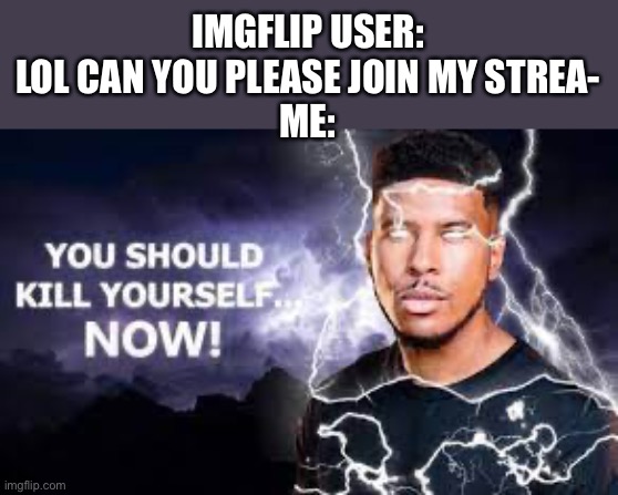 I think everybody knows exactly who I am talking about. | IMGFLIP USER: LOL CAN YOU PLEASE JOIN MY STREA-
ME: | image tagged in you should kill yourself now | made w/ Imgflip meme maker