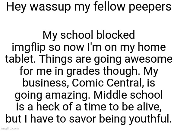Another update y'all | Hey wassup my fellow peepers; My school blocked imgflip so now I'm on my home tablet. Things are going awesome for me in grades though. My business, Comic Central, is going amazing. Middle school is a heck of a time to be alive, but I have to savor being youthful. | image tagged in blank white template,update,middle school,comic central,good times,do people read these stupid things | made w/ Imgflip meme maker