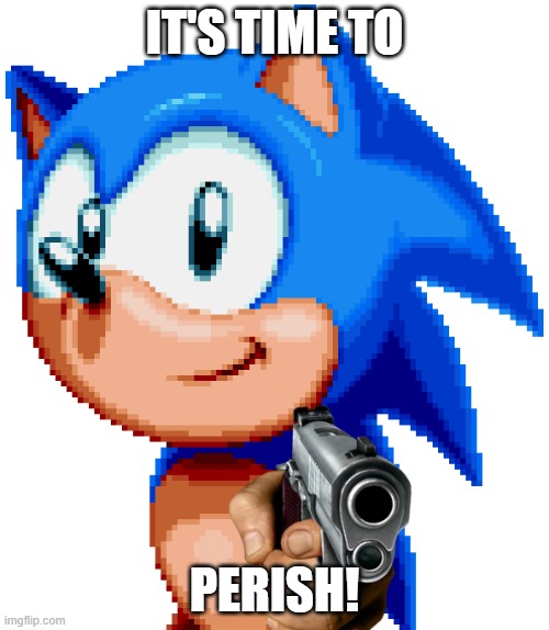 sonic with a gun | IT'S TIME TO; PERISH! | image tagged in sonic with a gun | made w/ Imgflip meme maker