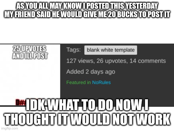 Blank White Template | AS YOU ALL MAY KNOW I POSTED THIS YESTERDAY
MY FRIEND SAID HE WOULD GIVE ME 20 BUCKS TO POST IT; IDK WHAT TO DO NOW I THOUGHT IT WOULD NOT WORK | image tagged in blank white template | made w/ Imgflip meme maker