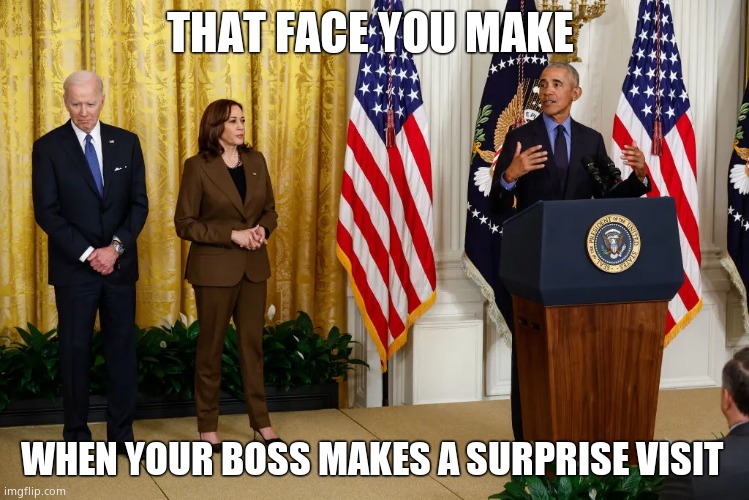 Obama back at white house | THAT FACE YOU MAKE; WHEN YOUR BOSS MAKES A SURPRISE VISIT | image tagged in memes,creepy joe biden,kamala harris,barack obama,white house,political meme | made w/ Imgflip meme maker