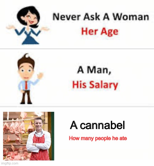 Cannabel week when’s day post | A cannabel; How many people he ate | image tagged in never ask a woman her age | made w/ Imgflip meme maker