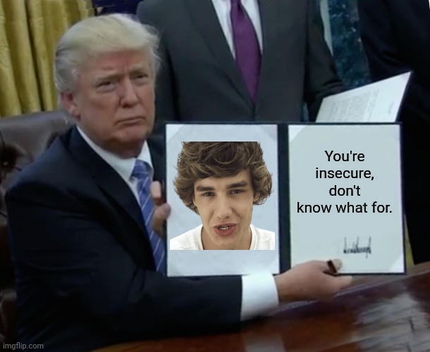 You're insecure more | You're insecure, don't know what for. | image tagged in memes,trump bill signing | made w/ Imgflip meme maker