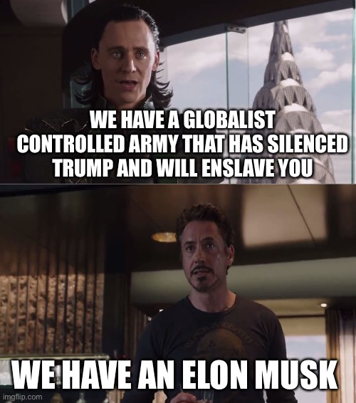 We Have A Hulk | WE HAVE A GLOBALIST CONTROLLED ARMY THAT HAS SILENCED TRUMP AND WILL ENSLAVE YOU; WE HAVE AN ELON MUSK | image tagged in we have a hulk | made w/ Imgflip meme maker