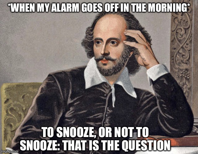 William Shakespeare To Snooze or Not To Snooze:That Is The Question Morning Alarm |  *WHEN MY ALARM GOES OFF IN THE MORNING*; TO SNOOZE, OR NOT TO SNOOZE: THAT IS THE QUESTION | image tagged in william shakespeare,sleep,to be or not to be that us the question,alarm clock,snooze | made w/ Imgflip meme maker