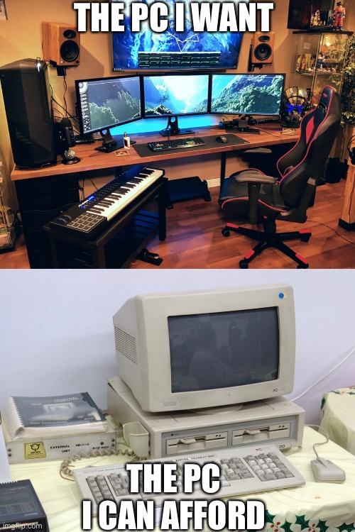 Guess which one I have… | THE PC I WANT; THE PC I CAN AFFORD | image tagged in pc | made w/ Imgflip meme maker