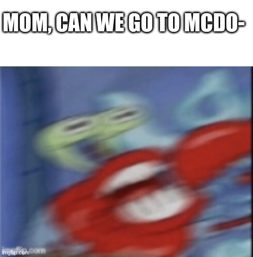 AAAAAARRRRRRGGGGHHHH! | MOM, CAN WE GO TO MCDO- | image tagged in mr krabs,memes,spongebob,angry | made w/ Imgflip meme maker