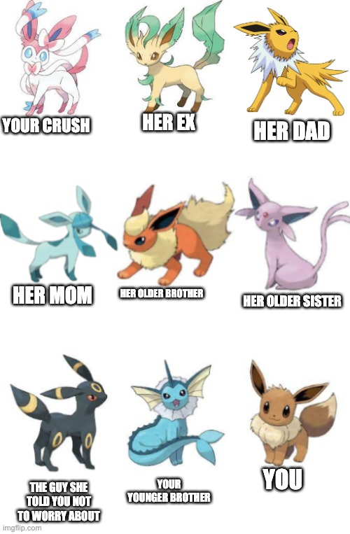 your crush | HER EX; YOUR CRUSH; HER DAD; HER MOM; HER OLDER BROTHER; HER OLDER SISTER; YOU; YOUR YOUNGER BROTHER; THE GUY SHE TOLD YOU NOT TO WORRY ABOUT | made w/ Imgflip meme maker