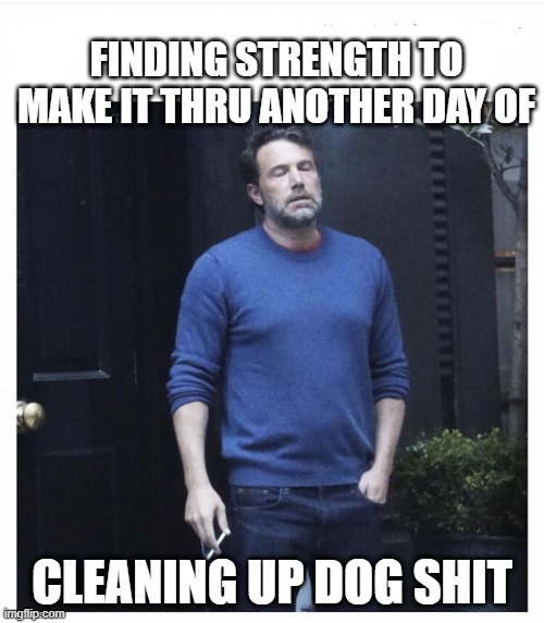 Cleaning up dog poop | FINDING STRENGTH TO MAKE IT THRU ANOTHER DAY OF; CLEANING UP DOG SHIT | image tagged in ben affleck smoking | made w/ Imgflip meme maker