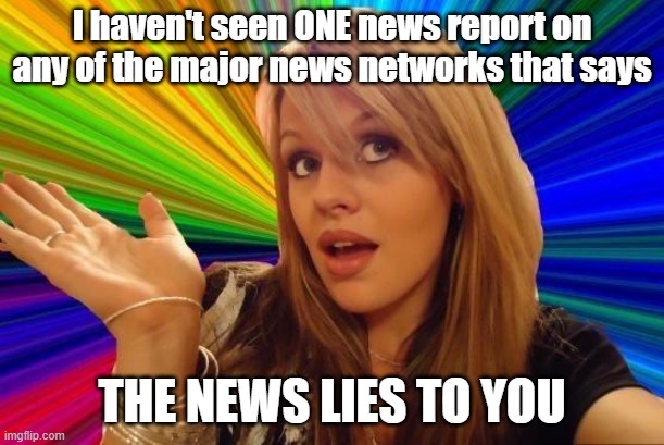 Stick it in your tinfoil hat | I haven't seen ONE news report on any of the major news networks that says; THE NEWS LIES TO YOU | image tagged in memes,dumb blonde | made w/ Imgflip meme maker