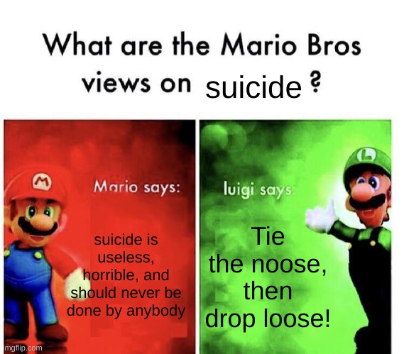 what am i doing with my life | suicide; suicide is useless, horrible, and should never be done by anybody; Tie the noose, then drop loose! | image tagged in mario bros views | made w/ Imgflip meme maker
