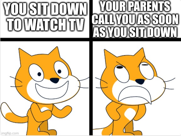 Does this happen to anybody else? | YOUR PARENTS CALL YOU AS SOON AS YOU SIT DOWN; YOU SIT DOWN TO WATCH TV | image tagged in good vs bad,scratch,cat,memes,parents,you have been eternally cursed for reading the tags | made w/ Imgflip meme maker