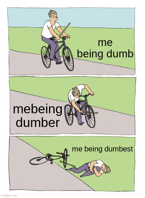 Bike Fall | me being dumb; mebeing dumber; me being dumbest | image tagged in memes,bike fall | made w/ Imgflip meme maker