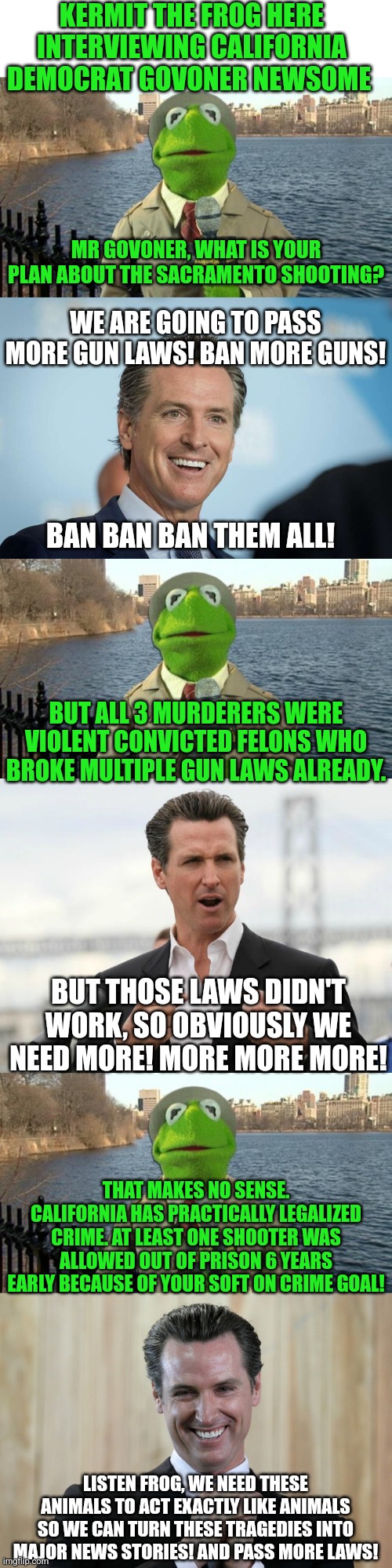 Ever think crime is deliberately being promoted to justify more liberal gun bans? What took you so long to figure it out? |  KERMIT THE FROG HERE INTERVIEWING CALIFORNIA DEMOCRAT GOVONER NEWSOME; MR GOVONER, WHAT IS YOUR PLAN ABOUT THE SACRAMENTO SHOOTING? WE ARE GOING TO PASS MORE GUN LAWS! BAN MORE GUNS! BAN BAN BAN THEM ALL! BUT ALL 3 MURDERERS WERE VIOLENT CONVICTED FELONS WHO BROKE MULTIPLE GUN LAWS ALREADY. BUT THOSE LAWS DIDN'T WORK, SO OBVIOUSLY WE NEED MORE! MORE MORE MORE! THAT MAKES NO SENSE. CALIFORNIA HAS PRACTICALLY LEGALIZED CRIME. AT LEAST ONE SHOOTER WAS ALLOWED OUT OF PRISON 6 YEARS EARLY BECAUSE OF YOUR SOFT ON CRIME GOAL! LISTEN FROG, WE NEED THESE ANIMALS TO ACT EXACTLY LIKE ANIMALS SO WE CAN TURN THESE TRAGEDIES INTO MAJOR NEWS STORIES! AND PASS MORE LAWS! | image tagged in kermit news report,gavin newsom,guns,liberals,black,prison | made w/ Imgflip meme maker