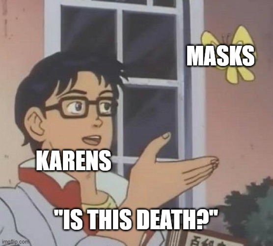 its true tho | MASKS; KARENS; "IS THIS DEATH?" | image tagged in memes,is this a pigeon | made w/ Imgflip meme maker