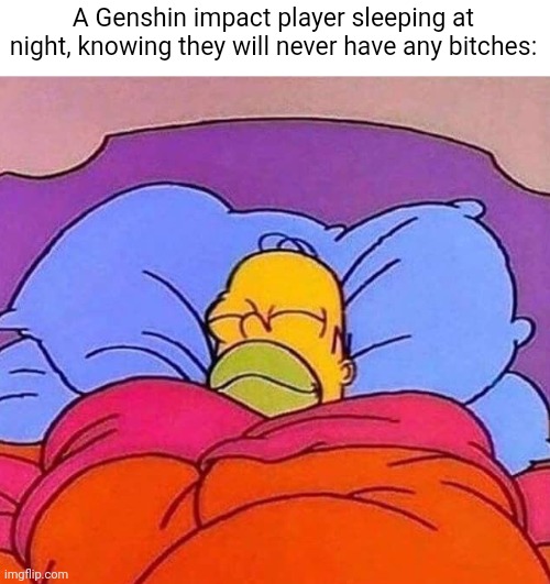 Homer Simpson sleeping peacefully | A Genshin impact player sleeping at night, knowing they will never have any bitches: | image tagged in homer simpson sleeping peacefully | made w/ Imgflip meme maker