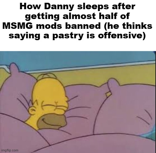 . | How Danny sleeps after getting almost half of MSMG mods banned (he thinks saying a pastry is offensive) | made w/ Imgflip meme maker
