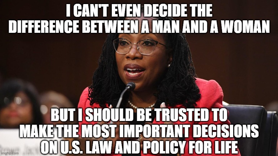 Ketanji Brown Jackson | I CAN'T EVEN DECIDE THE DIFFERENCE BETWEEN A MAN AND A WOMAN; BUT I SHOULD BE TRUSTED TO MAKE THE MOST IMPORTANT DECISIONS ON U.S. LAW AND POLICY FOR LIFE | image tagged in ketanji brown jackson | made w/ Imgflip meme maker
