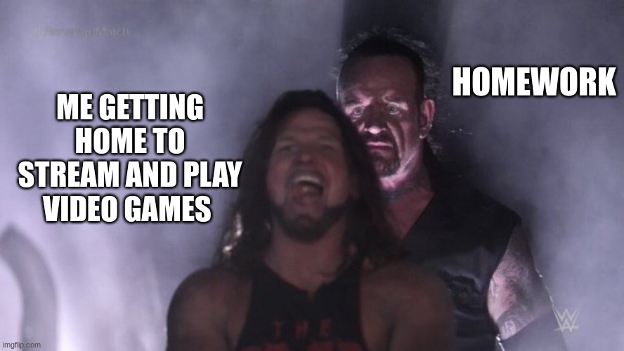 AJ Styles & Undertaker | HOMEWORK; ME GETTING HOME TO STREAM AND PLAY VIDEO GAMES | image tagged in aj styles undertaker | made w/ Imgflip meme maker