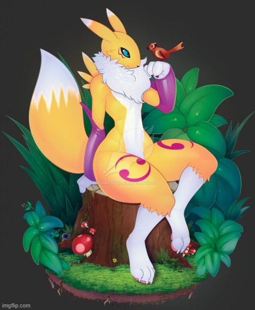 Pretty bird (By Valkoinen) | image tagged in cute,femboy,furry,renamon,digimon,thighs | made w/ Imgflip meme maker