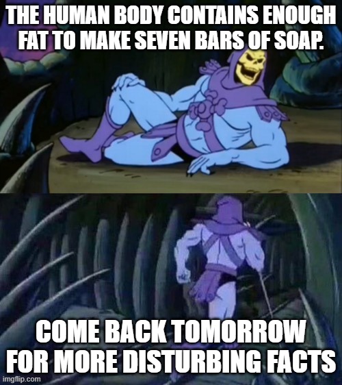 *inserts creative title* | THE HUMAN BODY CONTAINS ENOUGH FAT TO MAKE SEVEN BARS OF SOAP. COME BACK TOMORROW FOR MORE DISTURBING FACTS | image tagged in skeletor disturbing facts | made w/ Imgflip meme maker