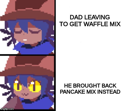 hey, he came back too :D | DAD LEAVING TO GET WAFFLE MIX; HE BROUGHT BACK PANCAKE MIX INSTEAD | image tagged in disappointed niko drake format,oneshot,niko,pancakes,funny cat game xd,cat likes their pancake | made w/ Imgflip meme maker