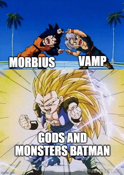 DBZ FUSION | VAMP; MORBIUS; GODS AND MONSTERS BATMAN | image tagged in dbz fusion,metal gear solid,marvel,dc comics | made w/ Imgflip meme maker