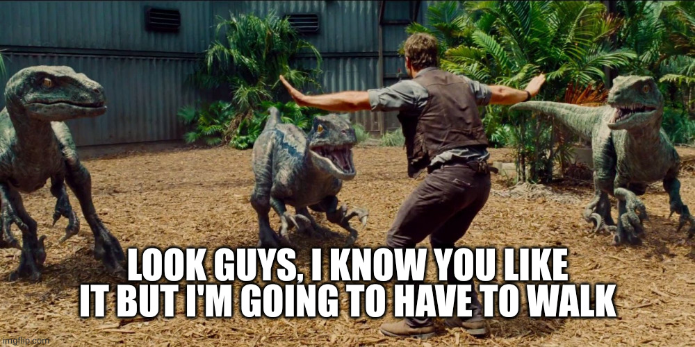 Jurassic park raptor | LOOK GUYS, I KNOW YOU LIKE IT BUT I'M GOING TO HAVE TO WALK | image tagged in jurassic park raptor | made w/ Imgflip meme maker