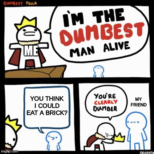 Real things said by my friends | ME; YOU THINK I COULD EAT A BRICK? MY FRIEND | image tagged in i'm the dumbest man alive | made w/ Imgflip meme maker