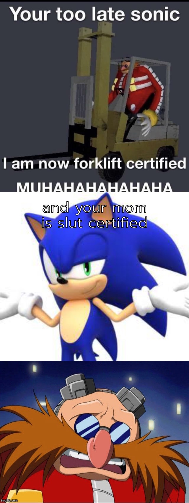 “No matter how fast you are Eggman, you still miss watching me doing your mom!” | and your mom is slut certified | made w/ Imgflip meme maker