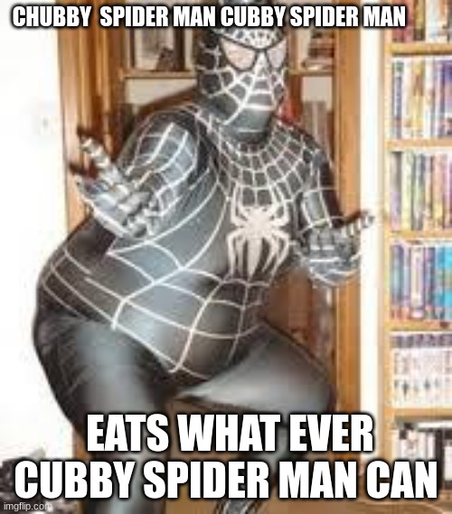 FAT SPIDER MAN  | CHUBBY  SPIDER MAN CUBBY SPIDER MAN; EATS WHAT EVER CUBBY SPIDER MAN CAN | image tagged in fat spider man | made w/ Imgflip meme maker