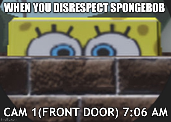 When you disrespect SpongeBob | WHEN YOU DISRESPECT SPONGEBOB; CAM 1(FRONT DOOR) 7:06 AM | image tagged in spongebob behind wall | made w/ Imgflip meme maker