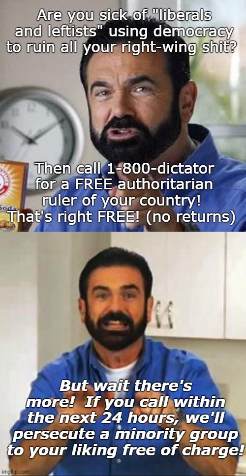 Are you sick of "liberals and leftists" using democracy to ruin all your right-wing shit? Then call 1-800-dictator for a FREE authoritarian  | made w/ Imgflip meme maker