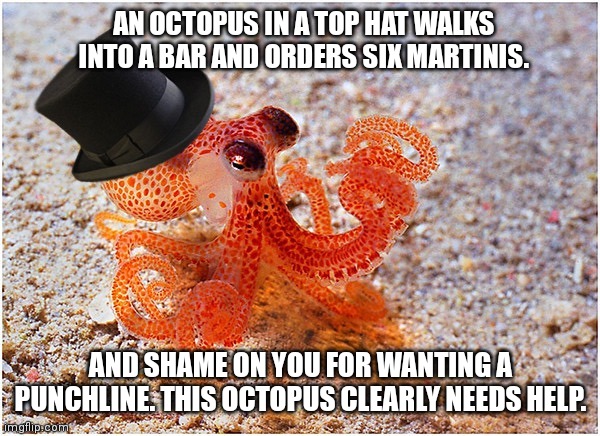Top Hat Octopus Joke | AN OCTOPUS IN A TOP HAT WALKS INTO A BAR AND ORDERS SIX MARTINIS. AND SHAME ON YOU FOR WANTING A PUNCHLINE. THIS OCTOPUS CLEARLY NEEDS HELP. | image tagged in octopus with top hat,martini | made w/ Imgflip meme maker