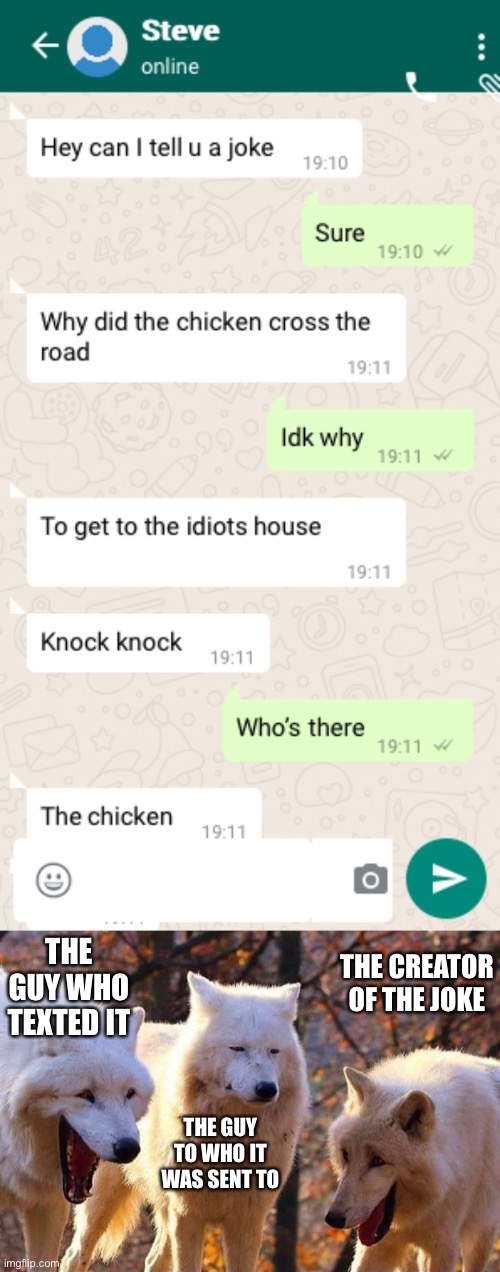 This joke is the best | THE GUY WHO TEXTED IT; THE CREATOR OF THE JOKE; THE GUY TO WHO IT WAS SENT TO | image tagged in laughing wolf | made w/ Imgflip meme maker