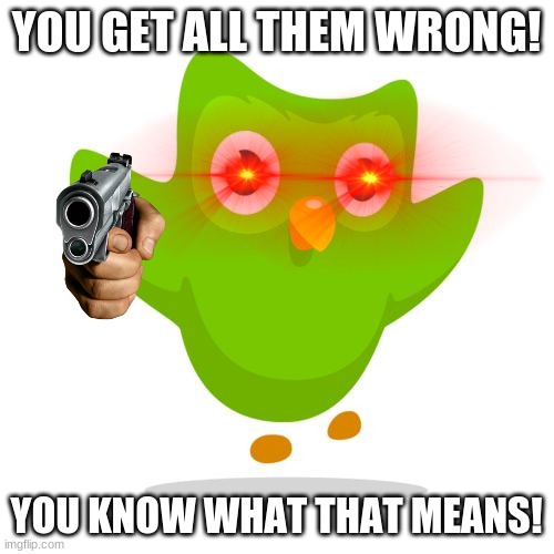 things duolingo teaches you | YOU GET ALL THEM WRONG! YOU KNOW WHAT THAT MEANS! | image tagged in things duolingo teaches you | made w/ Imgflip meme maker