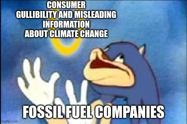 Sonic derp | CONSUMER GULLIBILITY AND MISLEADING INFORMATION ABOUT CLIMATE CHANGE; FOSSIL FUEL COMPANIES | image tagged in sonic derp,politics,climate change | made w/ Imgflip meme maker