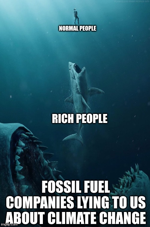 Megalodon | NORMAL PEOPLE; RICH PEOPLE; FOSSIL FUEL COMPANIES LYING TO US ABOUT CLIMATE CHANGE | image tagged in megalodon,climate change,fossil fuel | made w/ Imgflip meme maker