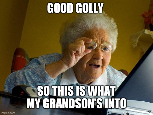 Grandma Finds The Internet | GOOD GOLLY; SO THIS IS WHAT MY GRANDSON'S INTO | image tagged in memes,grandma finds the internet | made w/ Imgflip meme maker